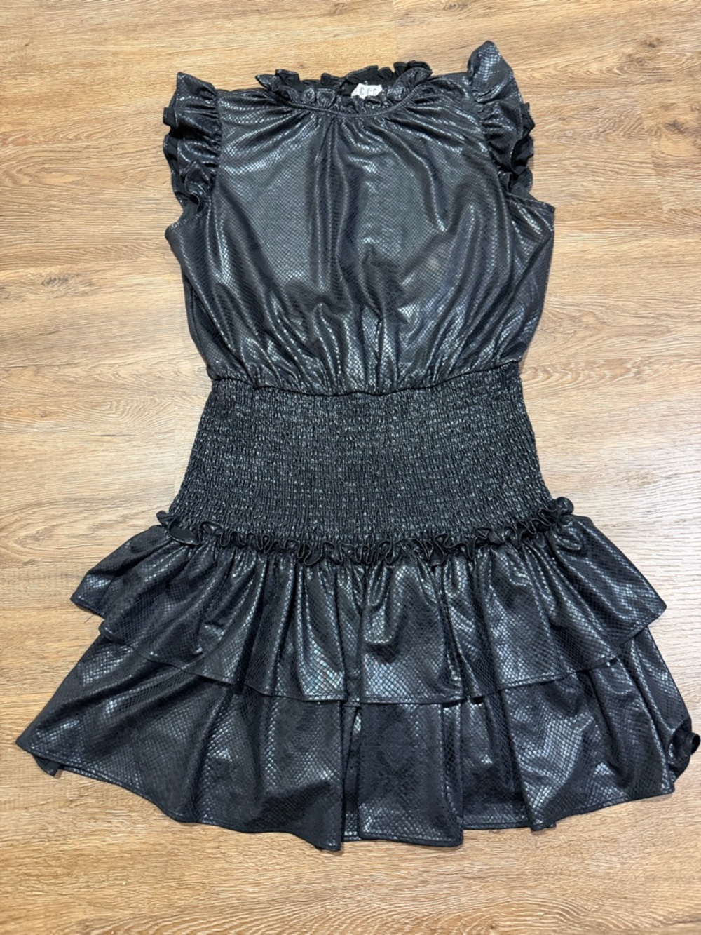 TCEC Faux Leather Black Snake Smocked Ruffle Tiered Mini Dress - Picture 5 of 10